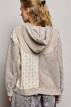 Pol Clothing - Mixed-Texture Patchwork Henley Button Patch Hoodie