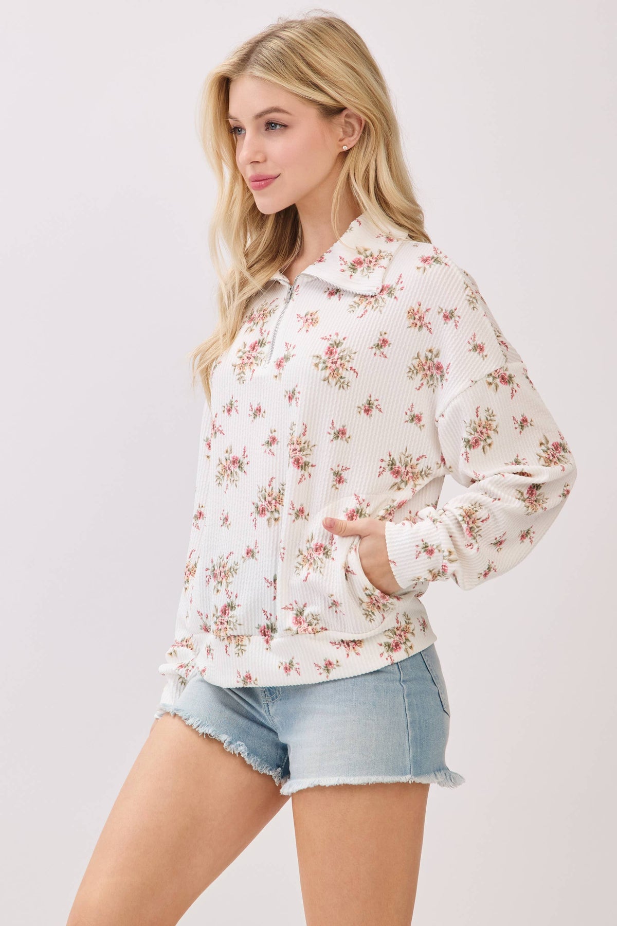 Floral Ribbed Quarter-Zip Pullover