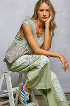 Pol Clothing - V-neck Floral Pattern Trim Ruffle Rib Knitted Sleeveless Top