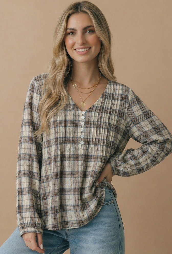 Haptics - Plus Crinkle Plaid Pin Tuck Buttoned Woven Blouse