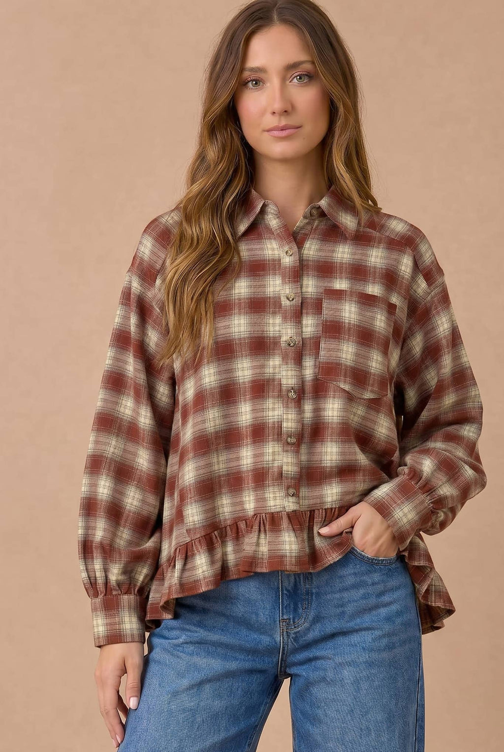 Haptics - Button Down Check Plaid Babydoll Peplum Shirt