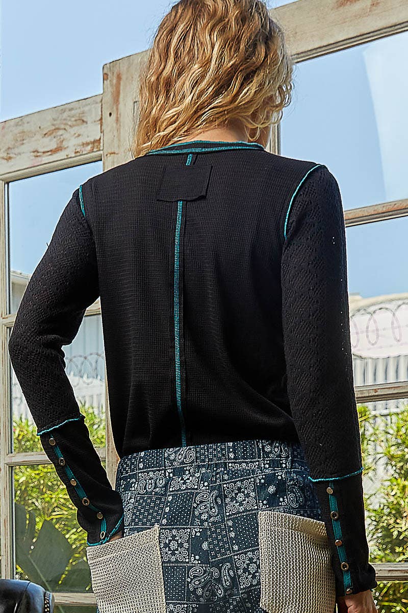 Pol Clothing - Round neck solid cut and sew knit mix knit top