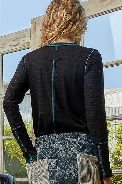 Pol Clothing - Round neck solid cut and sew knit mix knit top