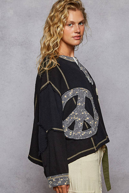 Pol Clothing - Round neck peace patch floral oversized fit knit top