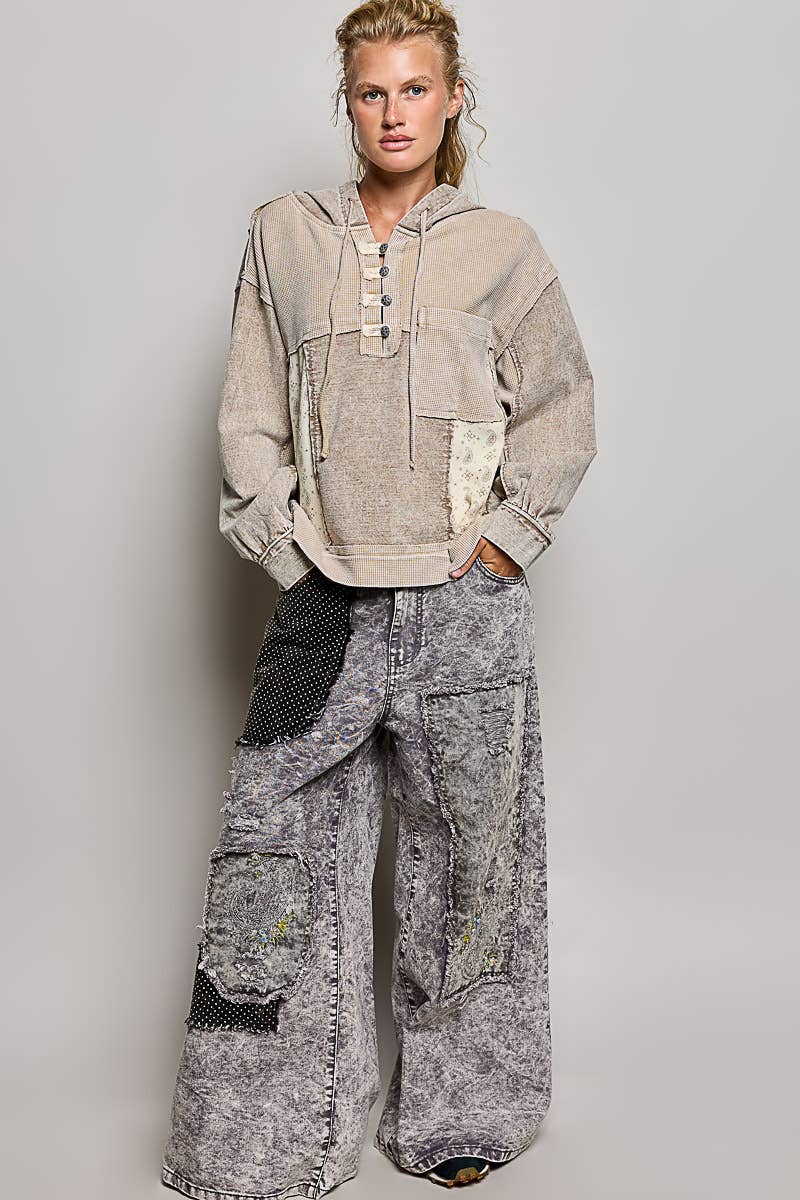 Pol Clothing - Mixed-Texture Patchwork Henley Button Patch Hoodie
