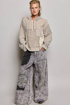 Pol Clothing - Mixed-Texture Patchwork Henley Button Patch Hoodie