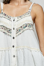 Pol Clothing - Double Gauze Denim Lace Patch Outseam Round Neck Sleeveless