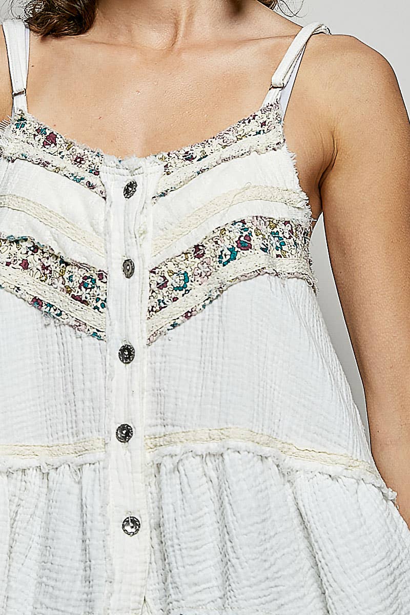 Pol Clothing - Double Gauze Denim Lace Patch Outseam Round Neck Sleeveless