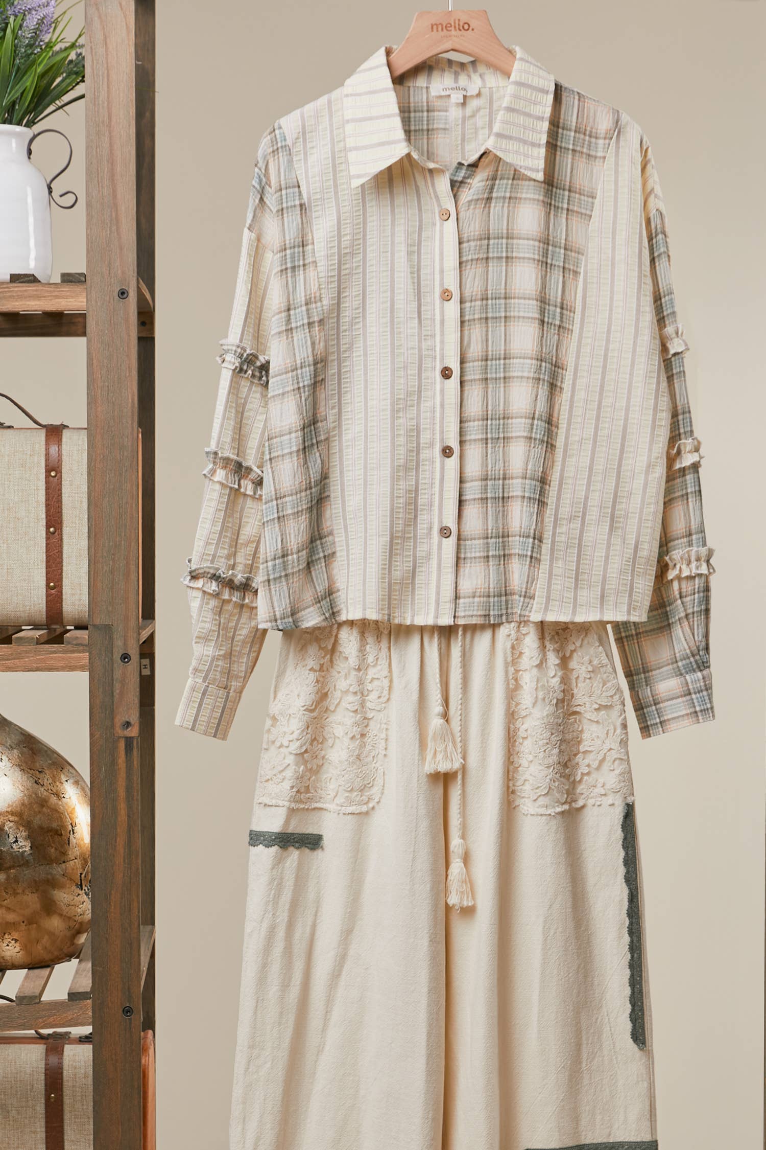 Mello. - Bohemian Lace Panel Mixed Stripe Shirt
