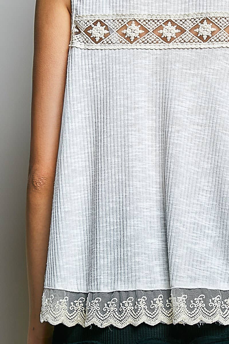 Pol Clothing - Metal Button Down Lace Trim Ruffle Round Neck Sleeveless