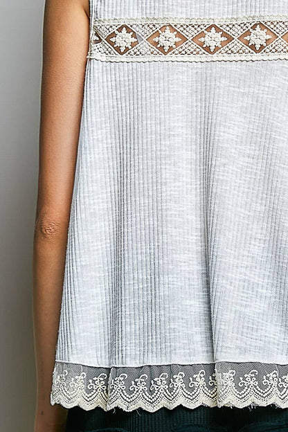 Pol Clothing - Metal Button Down Lace Trim Ruffle Round Neck Sleeveless