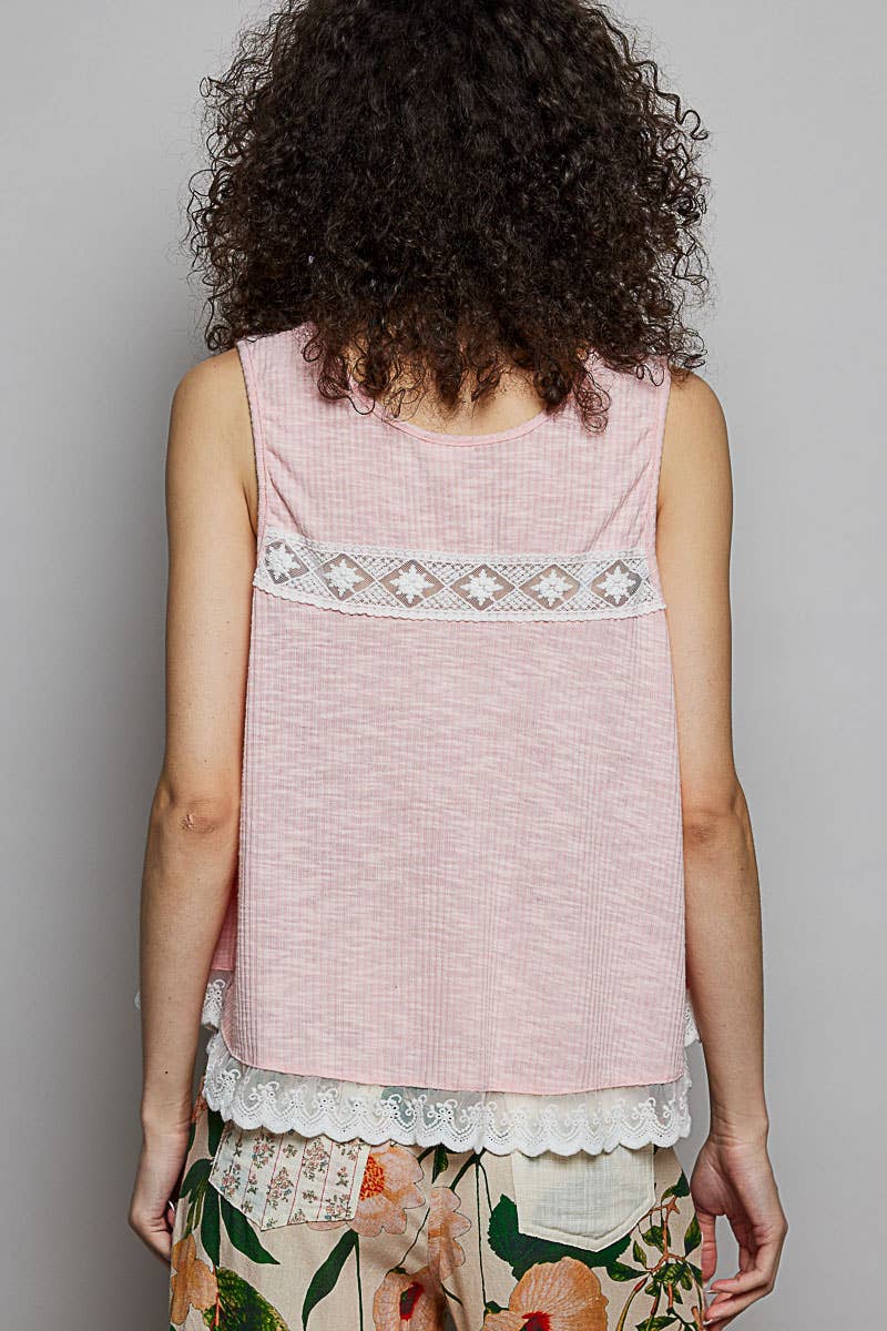 Pol Clothing - Metal Button Down Lace Trim Ruffle Round Neck Sleeveless