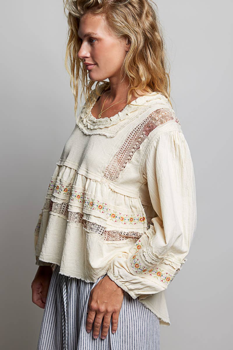 Pol Clothing - Embroidery Lace Contrast Square Neck Long Sleeve top