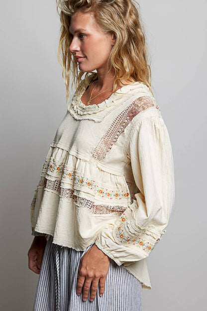 Pol Clothing - Embroidery Lace Contrast Square Neck Long Sleeve top