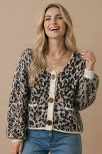 Haptics - Scoop Neck Leopard Gold Buttons Cardigan