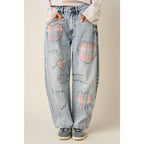 PLAID HEART PATCH BARREL LEG JEANS