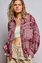 Pol Clothing - Plaid Mixed-Fabric Thermal Patch Studded Raw Edge Shirt