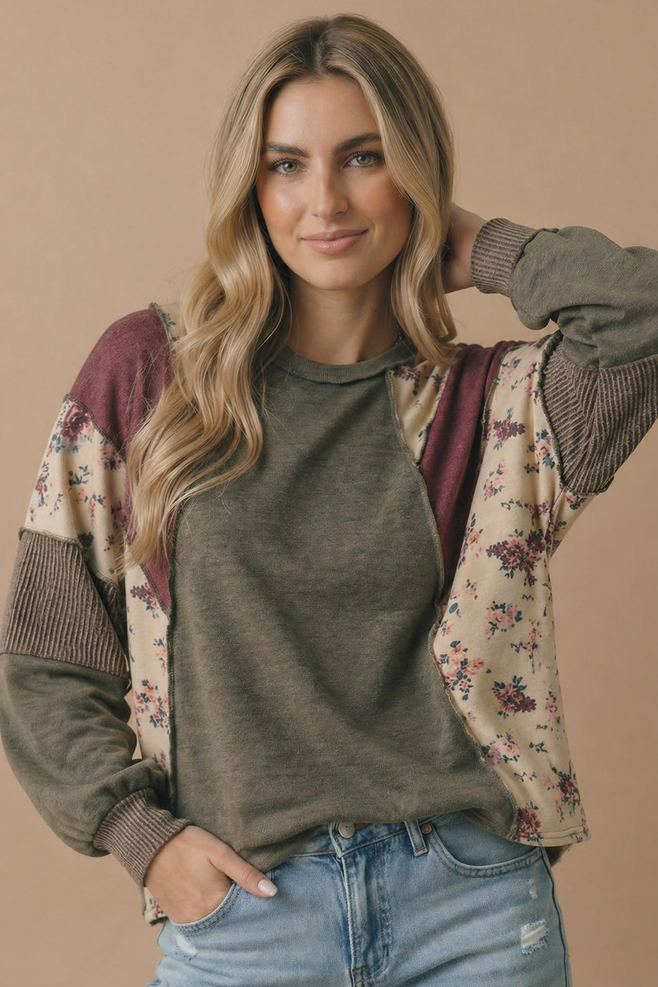 Haptics - Mixed Media Patchwork Pullover Knit Top