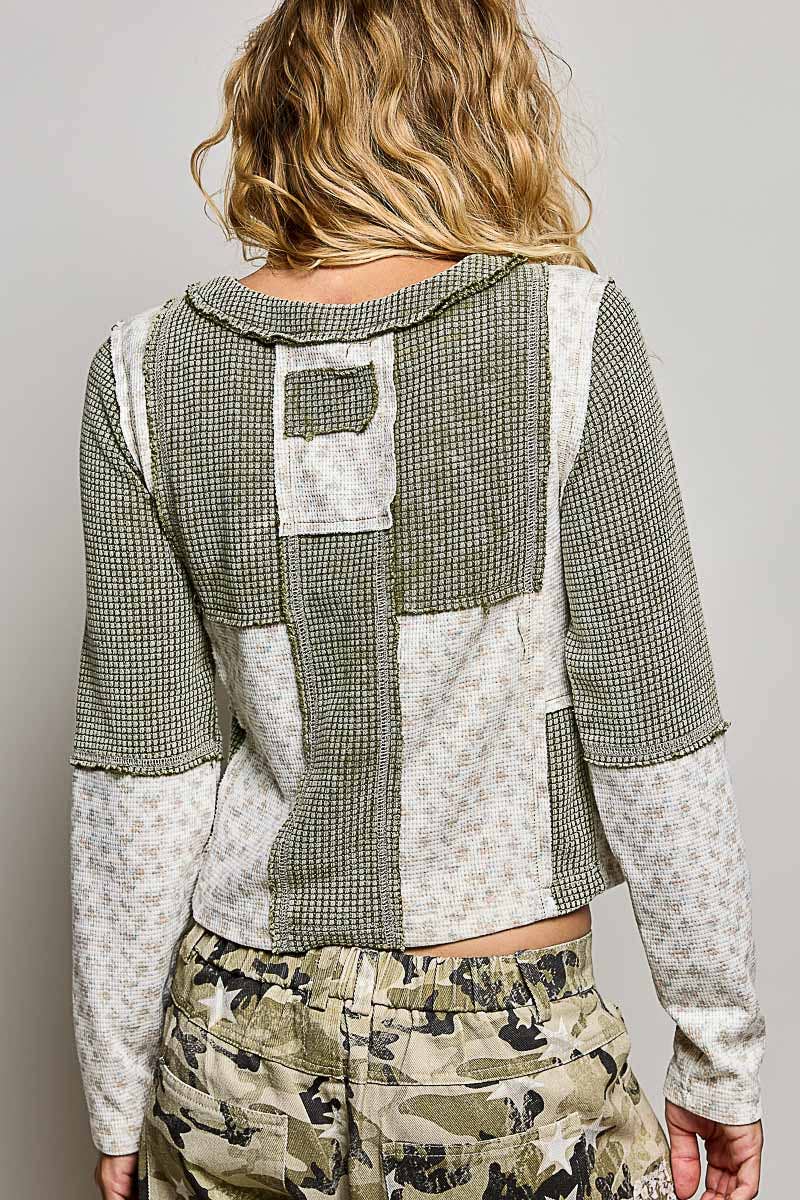 Pol Clothing - Waffle Knit Contrast Patchwork Top