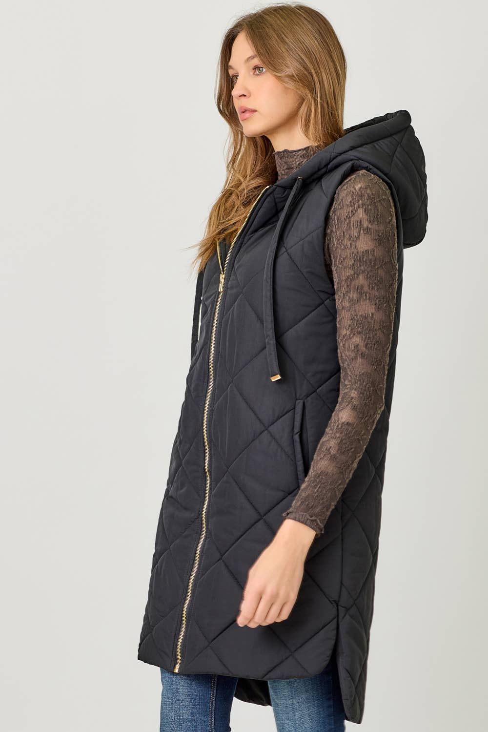 Mystree Quilted Puffer Long Hoodie Vest