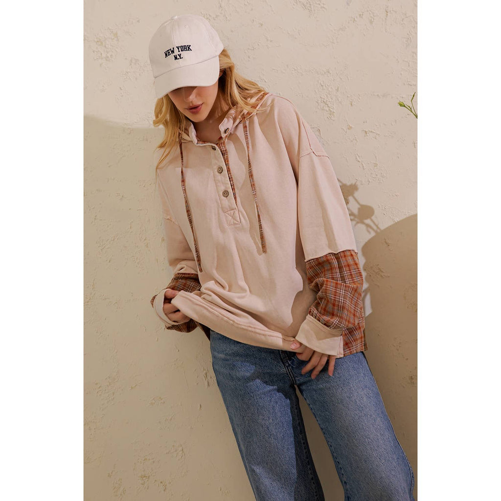 Sage + Fig - PLAID MIXED-MEDIA HOODIE PULLOVER