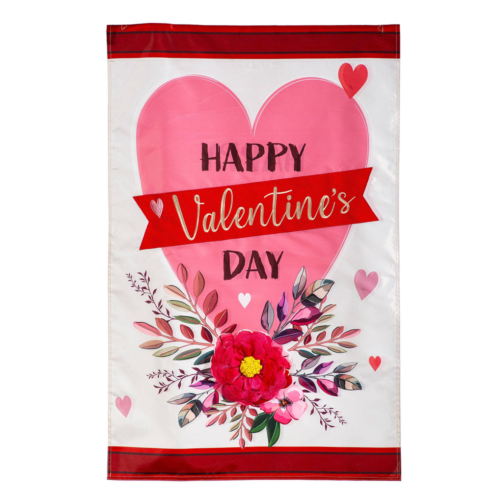 Happy Valentine's Day Heart and Floral Applique Flag