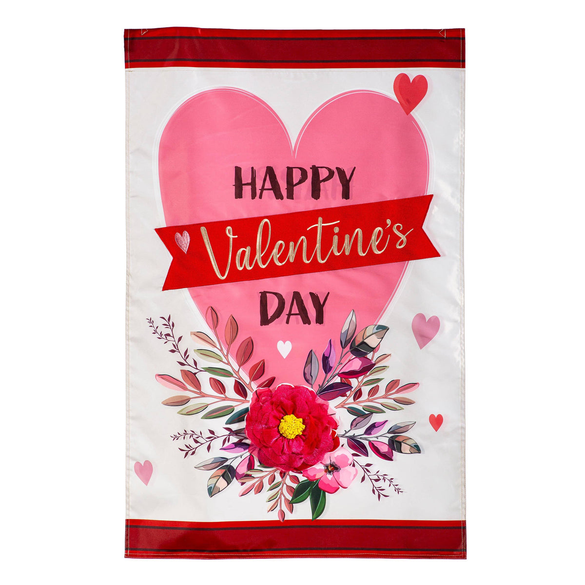 Happy Valentine's Day Heart and Floral Applique Flag