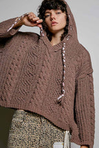 Pol Clothing - Oversize Fit V-neck Hooded Cable Knit Chenille Sweater SALE