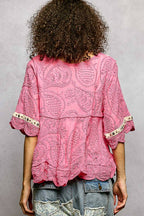 Pol Clothing - Short Sleeve Adjustable Drawstring Crochet V Neck Top