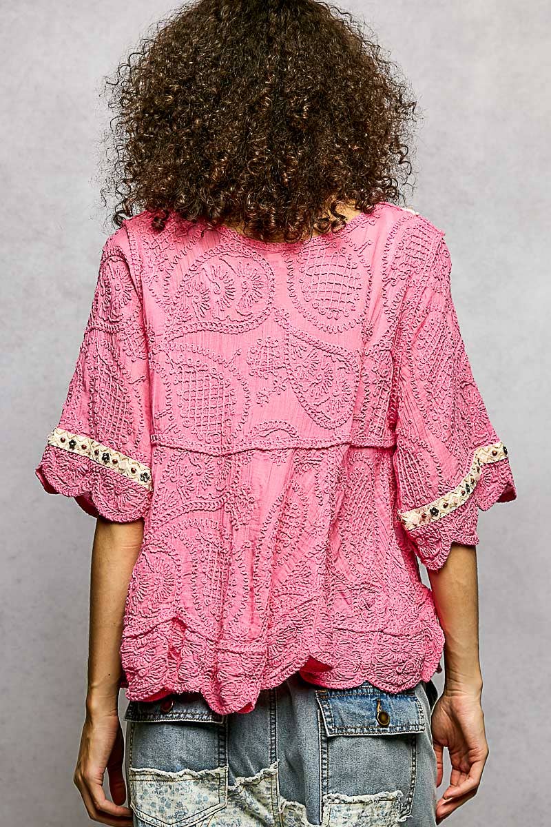 Pol Clothing - Short Sleeve Adjustable Drawstring Crochet V Neck Top