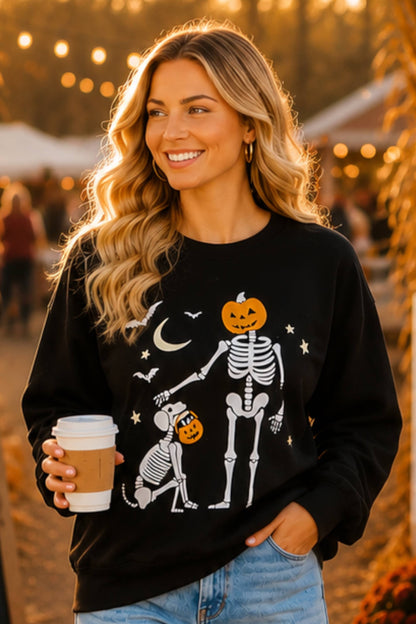 Main Strip - Halloween Pumpkin Skeleton Printed Graphic Crewneck