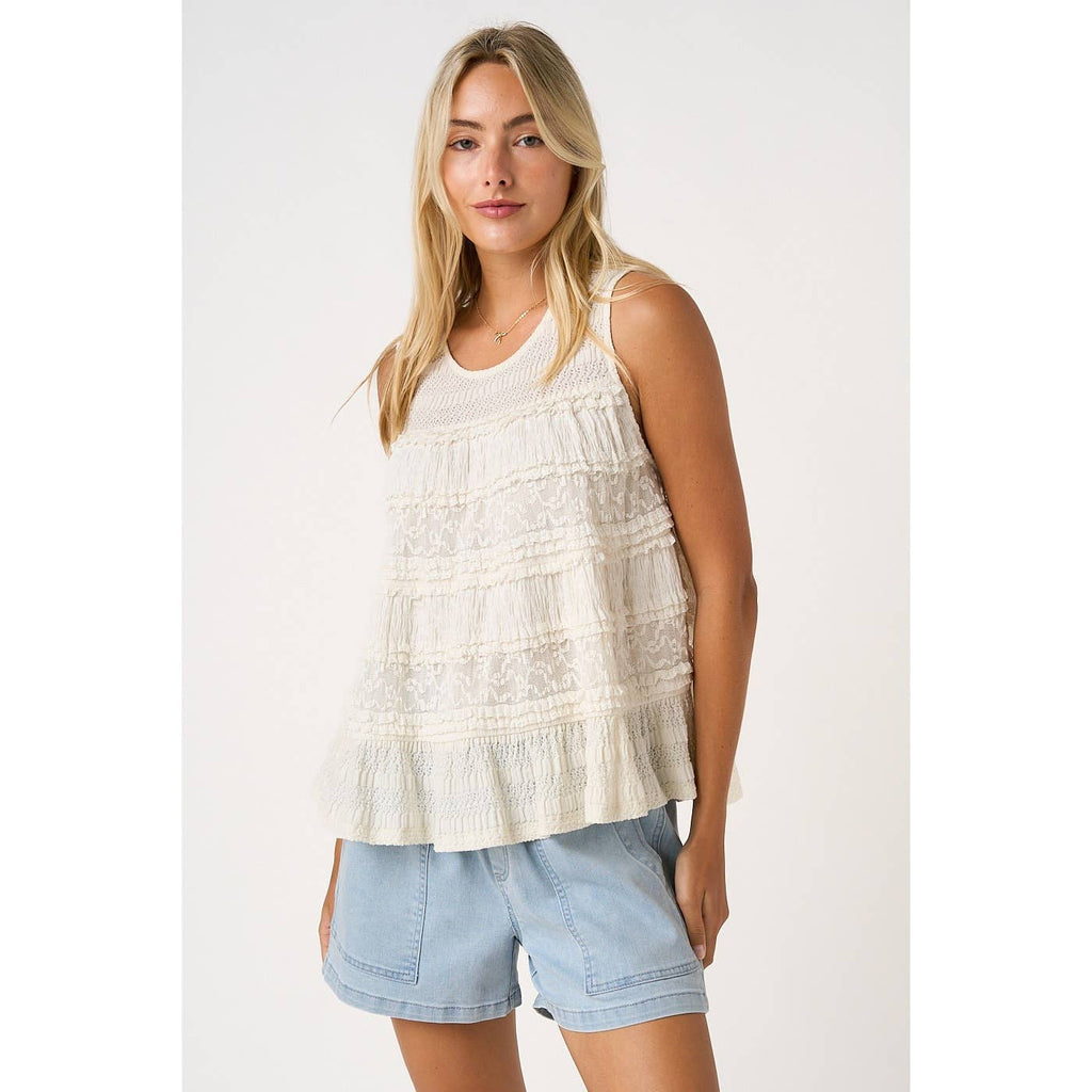 LACE TEXTURE RUFFLE TIER ROUND NECK TANK TOP
