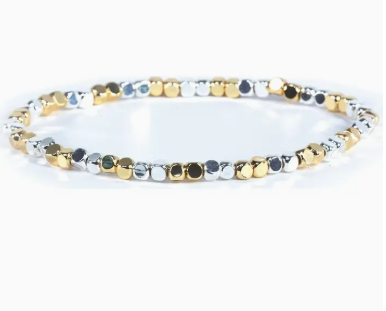 Squared Silver+Gold Metal Bead Stretch Bracelet