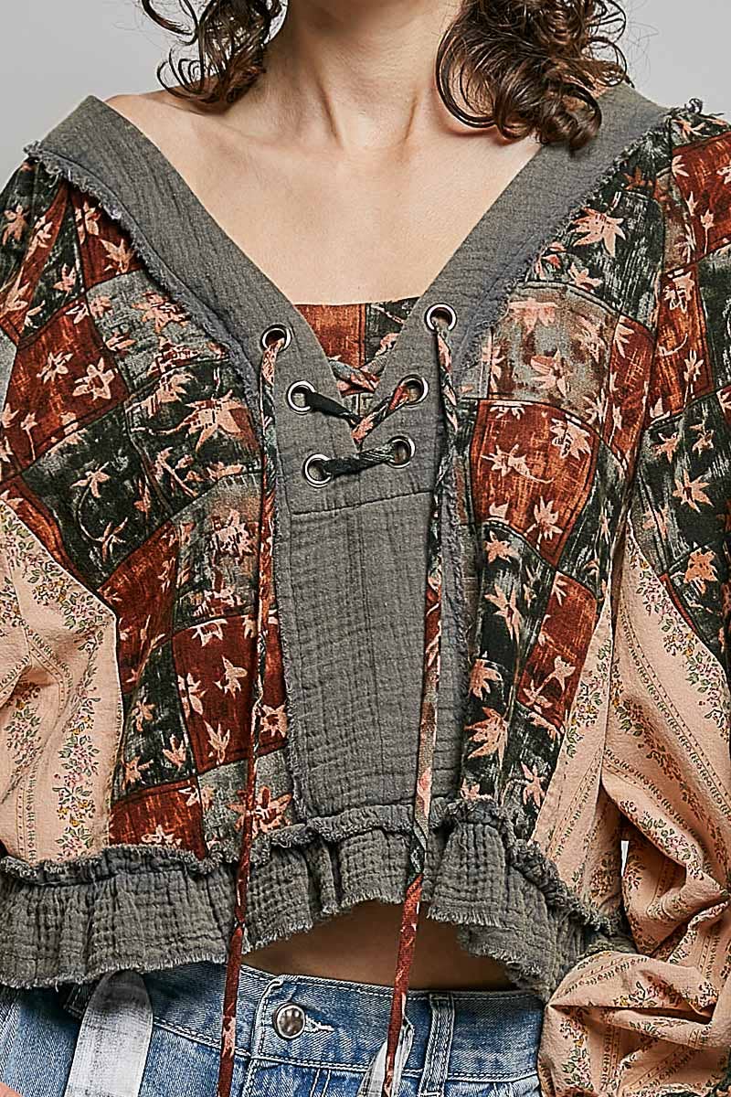 Strawberry V Neck Balloon Sleeve Floral Ruffle Woven Printed Top