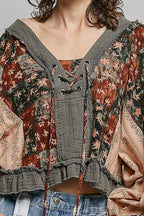 Strawberry V Neck Balloon Sleeve Floral Ruffle Woven Printed Top