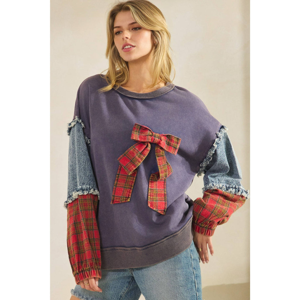 Sage + Fig - PLAID BOW DENIM SLEEVE PULLOVER (ST8117)