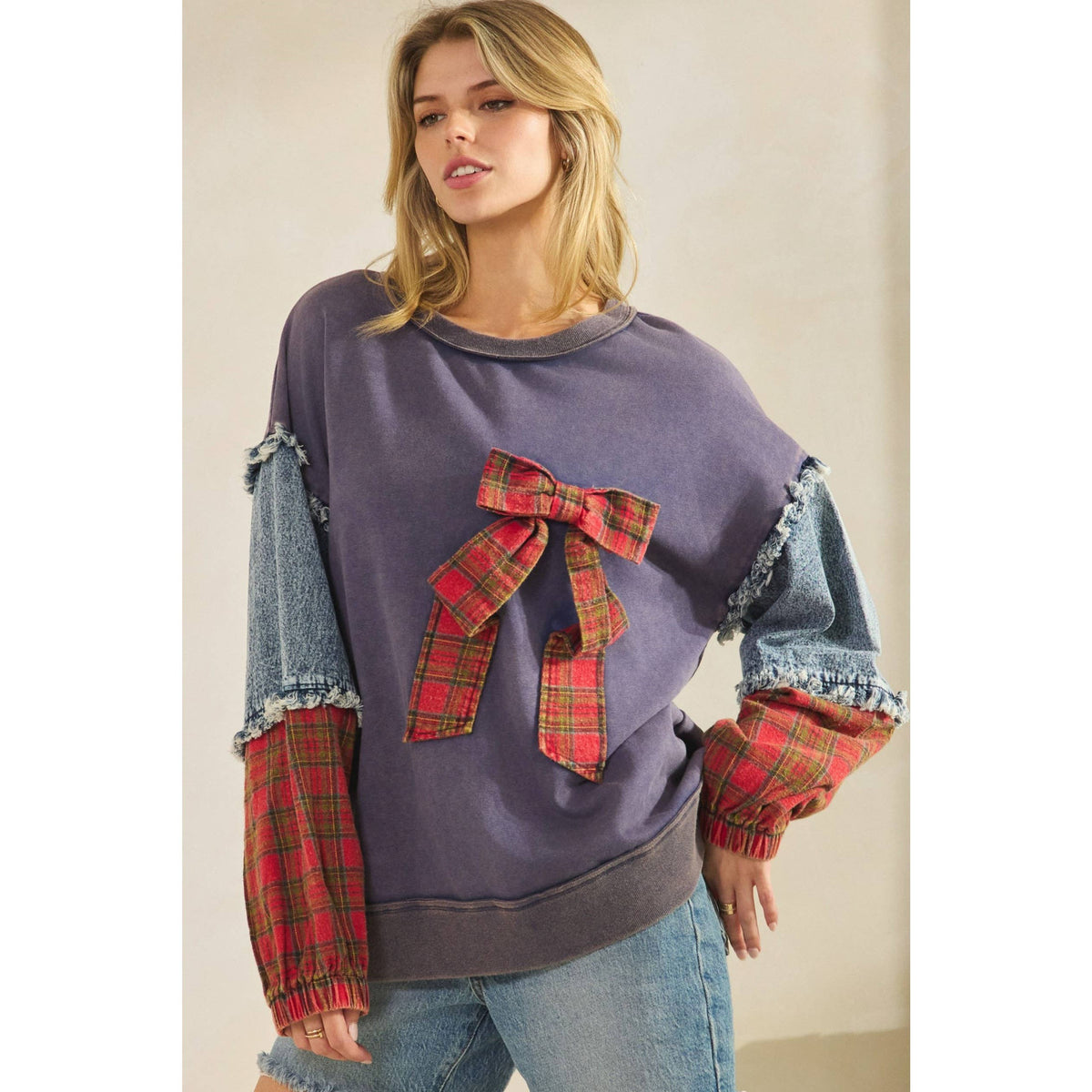 Sage + Fig - PLAID BOW DENIM SLEEVE PULLOVER (ST8117)