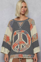 Pol Clothing - Round neck printed peace patch overlock stitch knit top