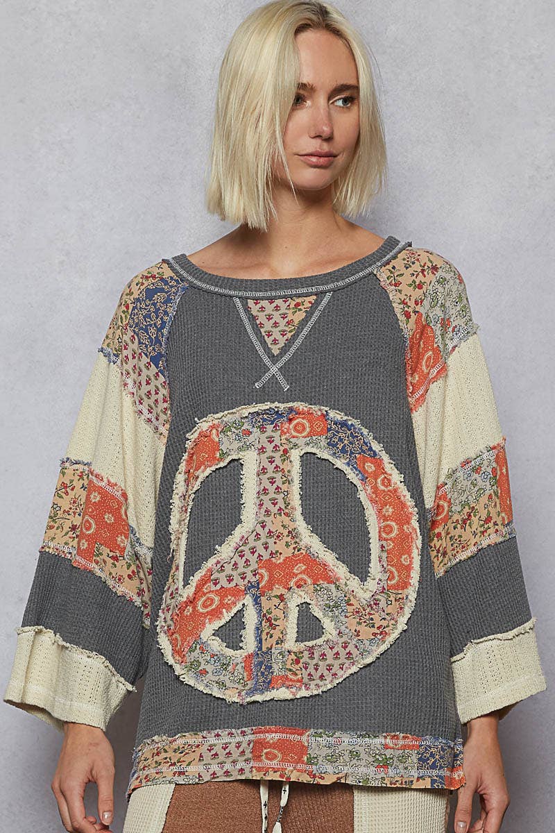 Pol Clothing - Round neck printed peace patch overlock stitch knit top