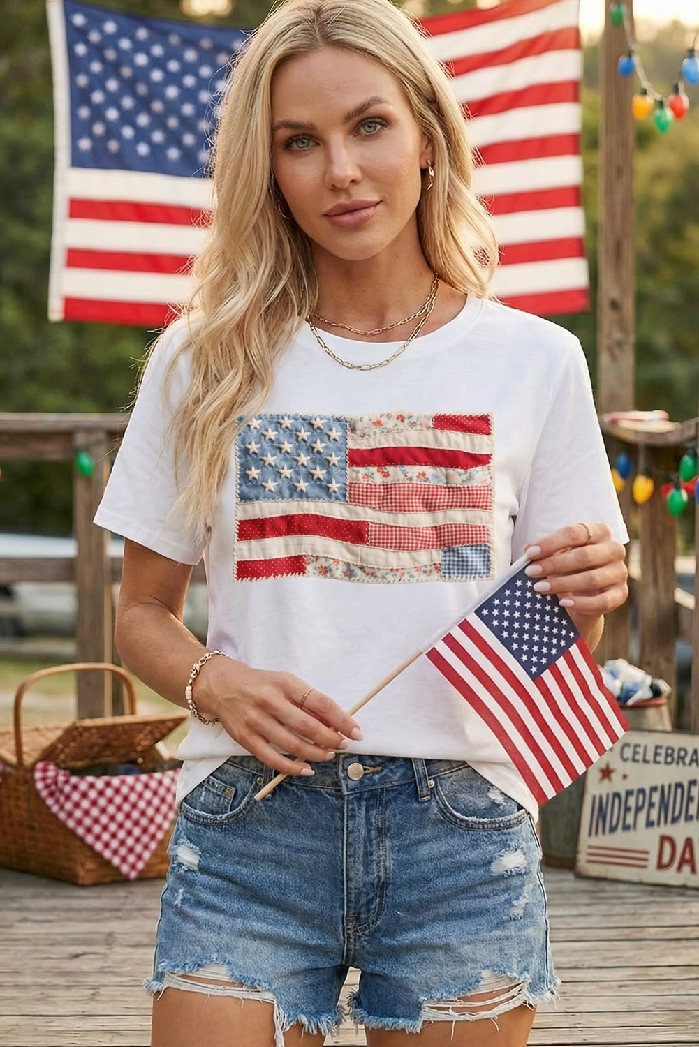 4th of july Faux Patchwork Printed US Flag Casual Tee