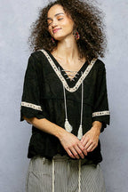 Pol Clothing - Short Sleeve Adjustable Drawstring Crochet V Neck Top