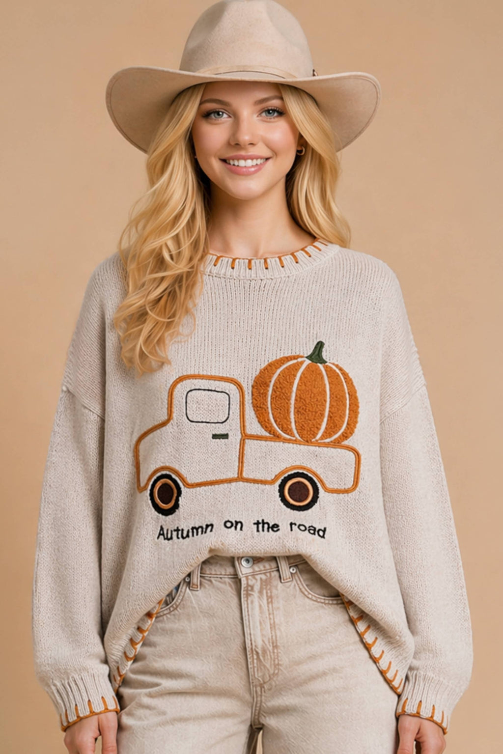 Main Strip - Autumn on the Road Pumpkin Truck Graphic Sweater