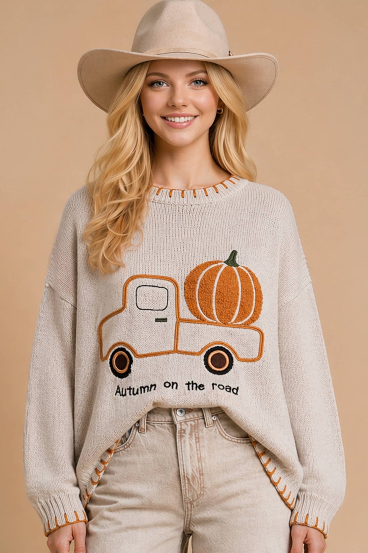 Main Strip - Autumn on the Road Pumpkin Truck Graphic Sweater
