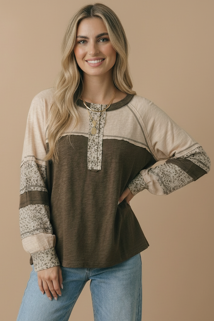 Round Neck Floral Color Block Cotton Slub Top-Haptics