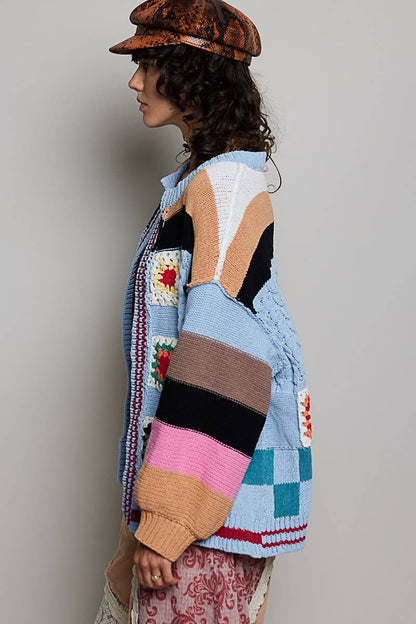 Pol Clothing - Handmade Patchwork Striped Chenille Sweater Open Cardigan