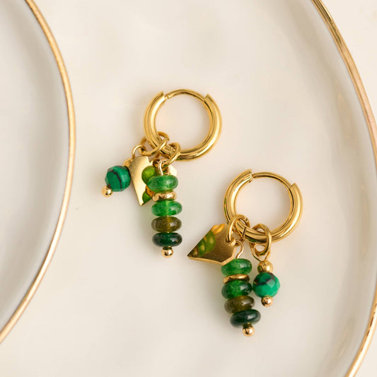 Howard's - Waterproof Earrings Heart Charm Malachite Hoop Narelle Gold