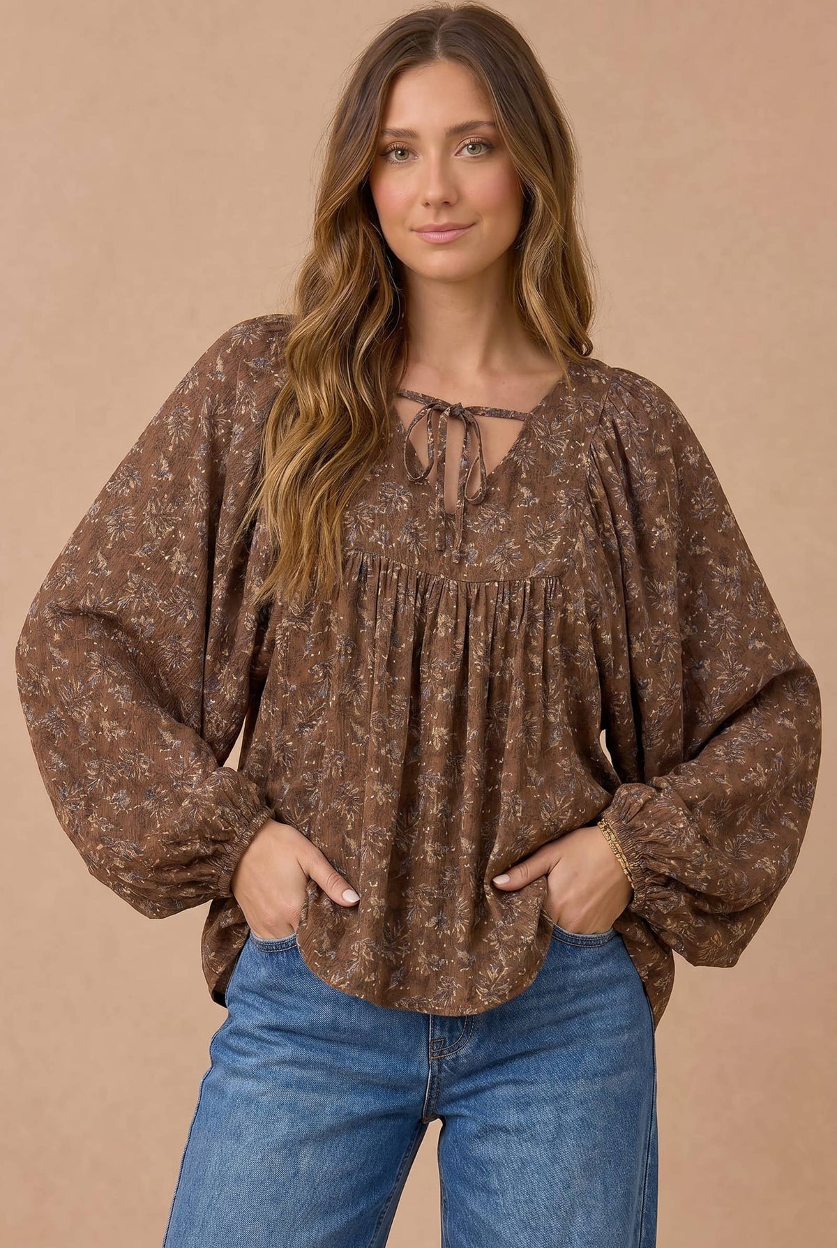 Haptics - Floral Crinkle Woven Peasant Blouse