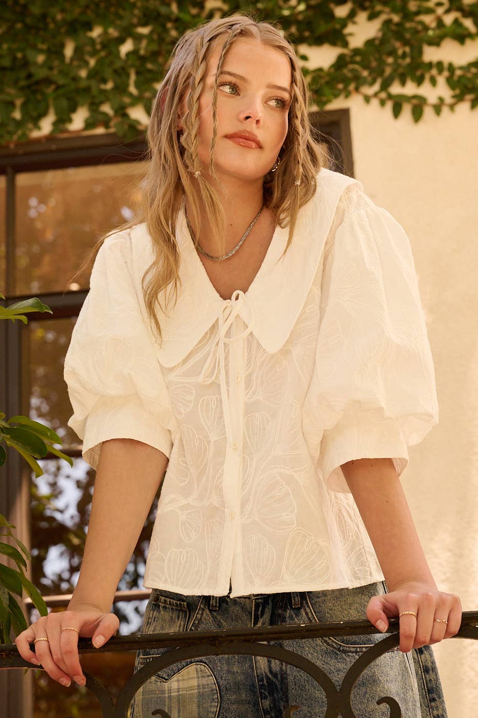 mittoshop - EMBROIDERED PETER PAN COLLAR PUFF SLEEVE BLOUSE
