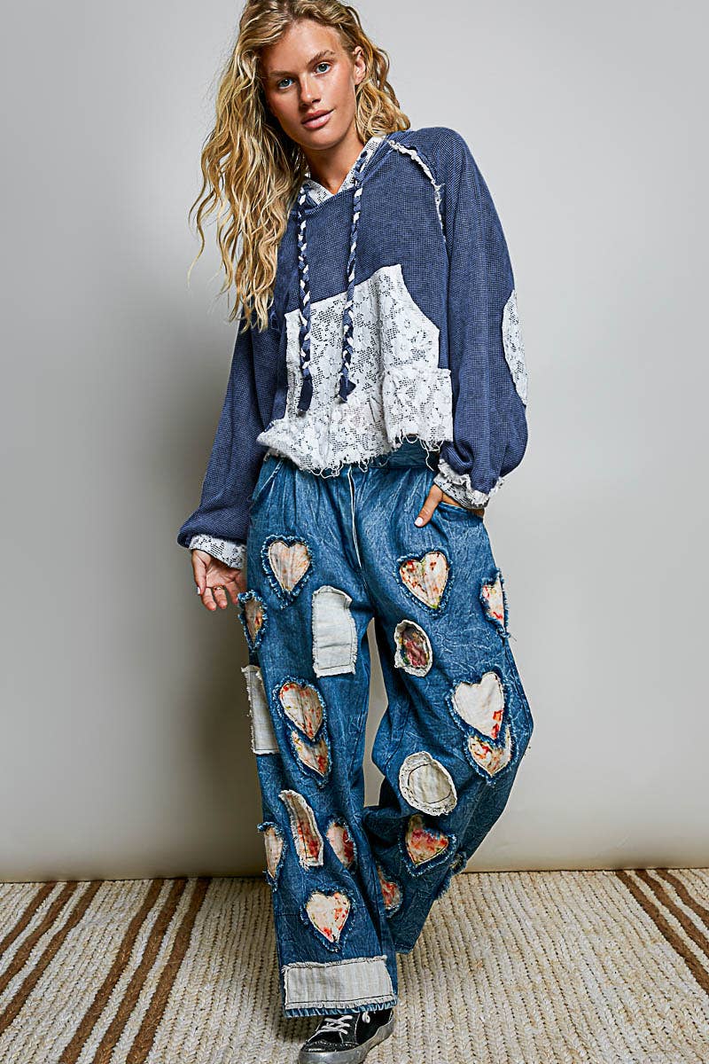 Pol Clothing - Cropped Balloon Sleeves Thermal Knit Lace Casual Hoodie