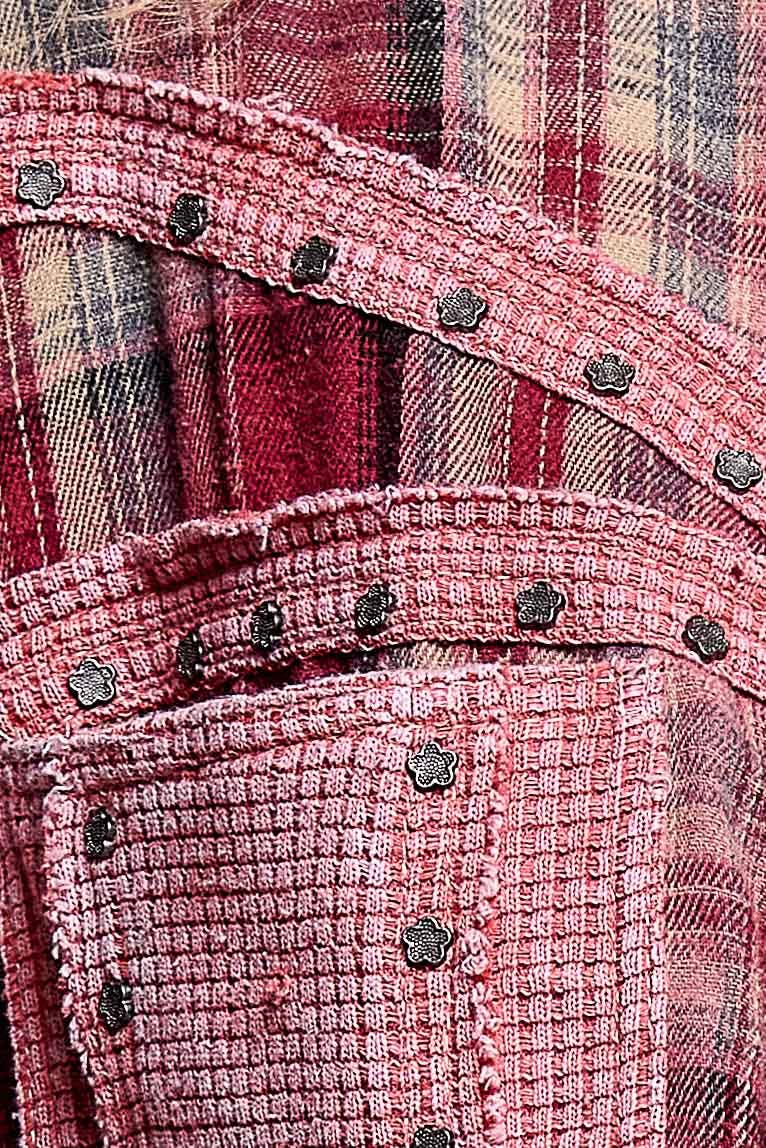 Pol Clothing - Plaid Mixed-Fabric Thermal Patch Studded Raw Edge Shirt